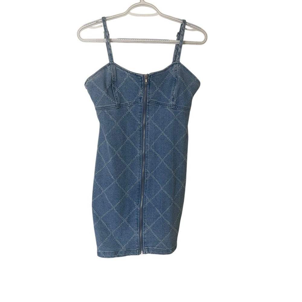 American Eagle Y2K Chambray Mini Dress‎ Bodycon Front Zip Medium Argyle